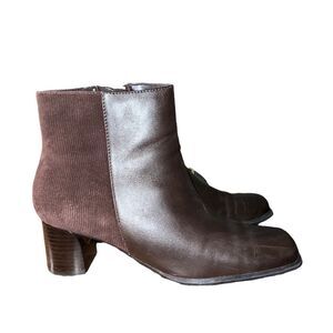 MGD Hope brown leather and corduroy ankle boots with a stacked heel size 8.5M